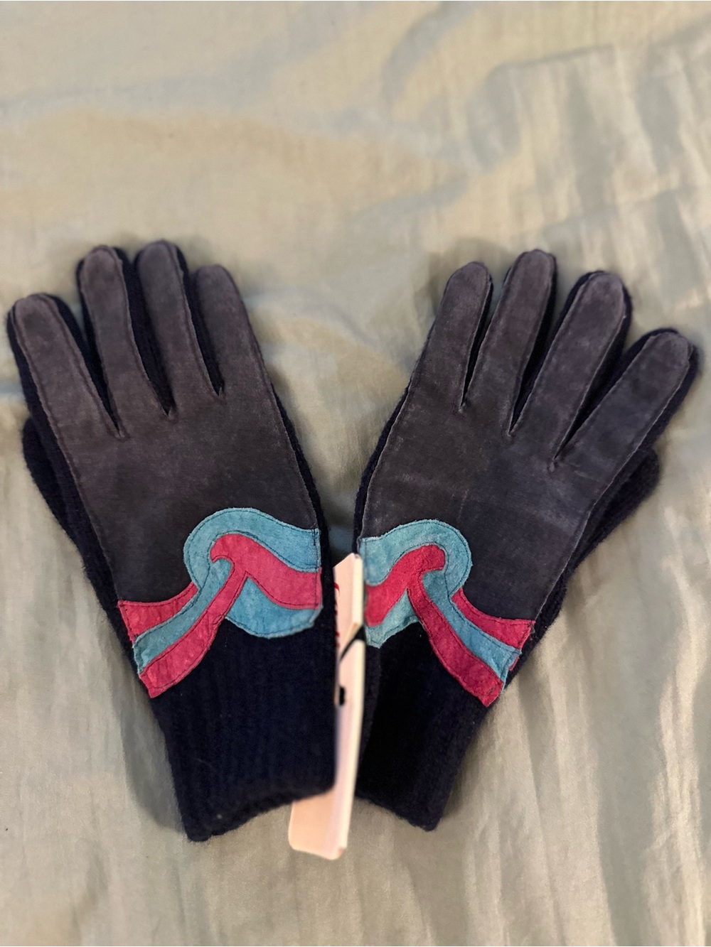 Vintage Women's Navy Suede Leather Gloves with Pink & Turquoise Accent NWT